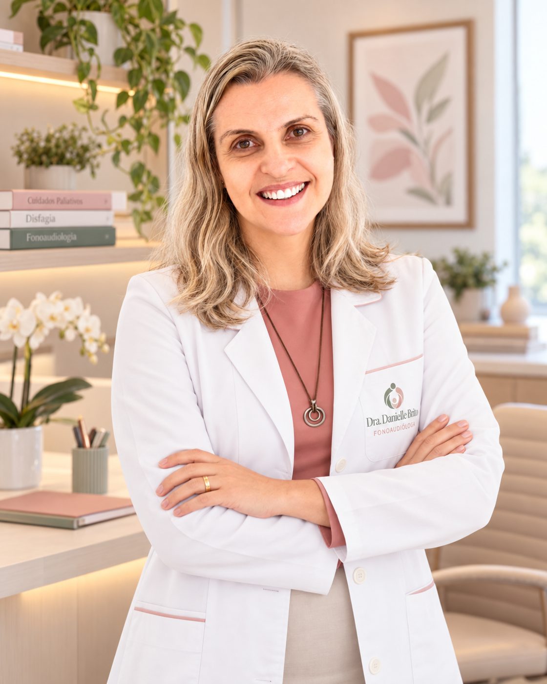 Dra. Danielle Brito de jaleco, braços cruzados, no consultório